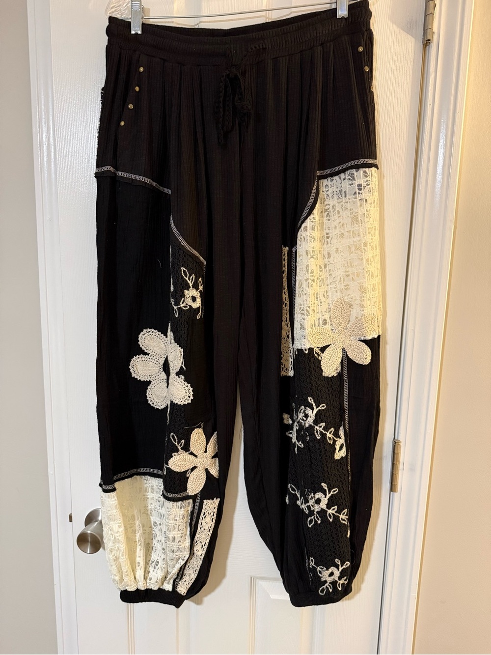 POL Black Track Joggers with Cream Lace & Embroidery